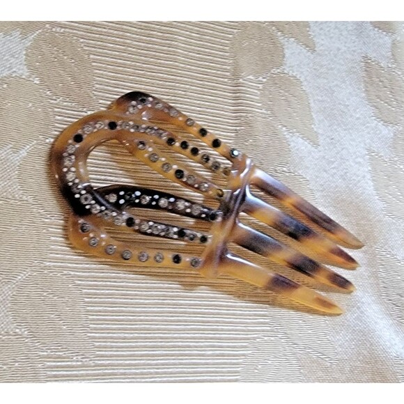 VTG Victorian hair comb faux Tortoise Shell hair ornament w/rhinestones - Picture 9 of 15